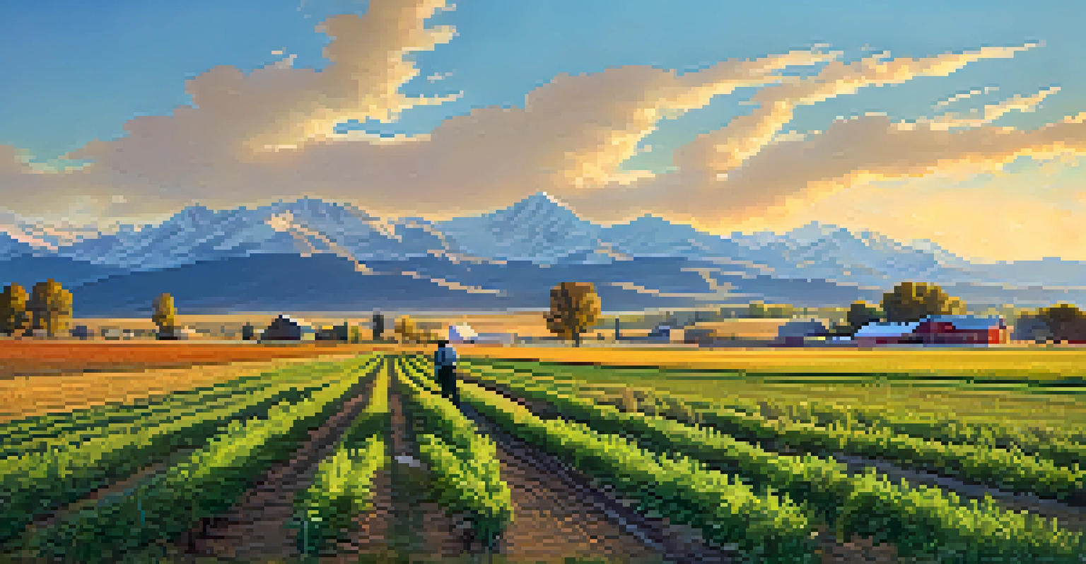 A beautiful Colorado farm at golden hour, with a farmer tending crops and the Rocky Mountains in the background.