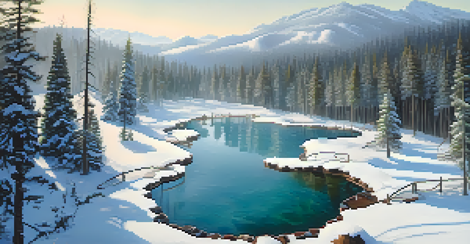 Aerial view of Strawberry Park Hot Springs with steaming pools surrounded by snow-covered trees in winter.