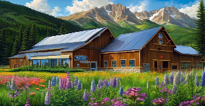 A scenic Colorado craft brewery nestled in the mountains, with a rustic wooden building and colorful flowers around it under a sunny sky.