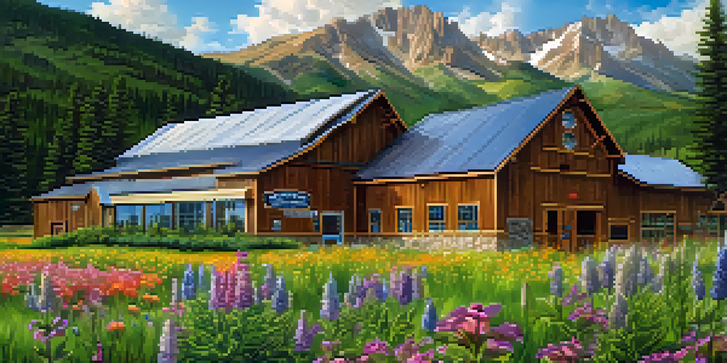 A scenic Colorado craft brewery nestled in the mountains, with a rustic wooden building and colorful flowers around it under a sunny sky.