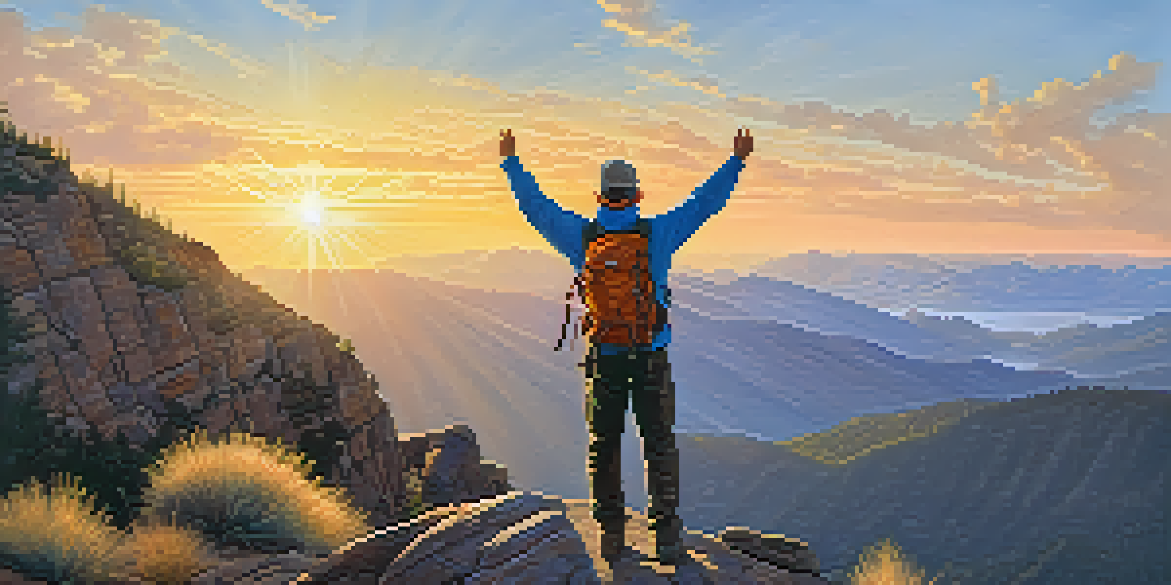 A hiker celebrating at the top of a mountain, overlooking valleys and peaks illuminated by the sunrise.