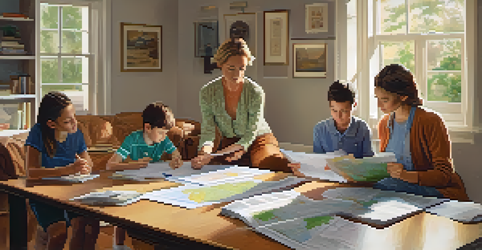 A family practicing their emergency plan in a living room, reviewing a map and checklist together.