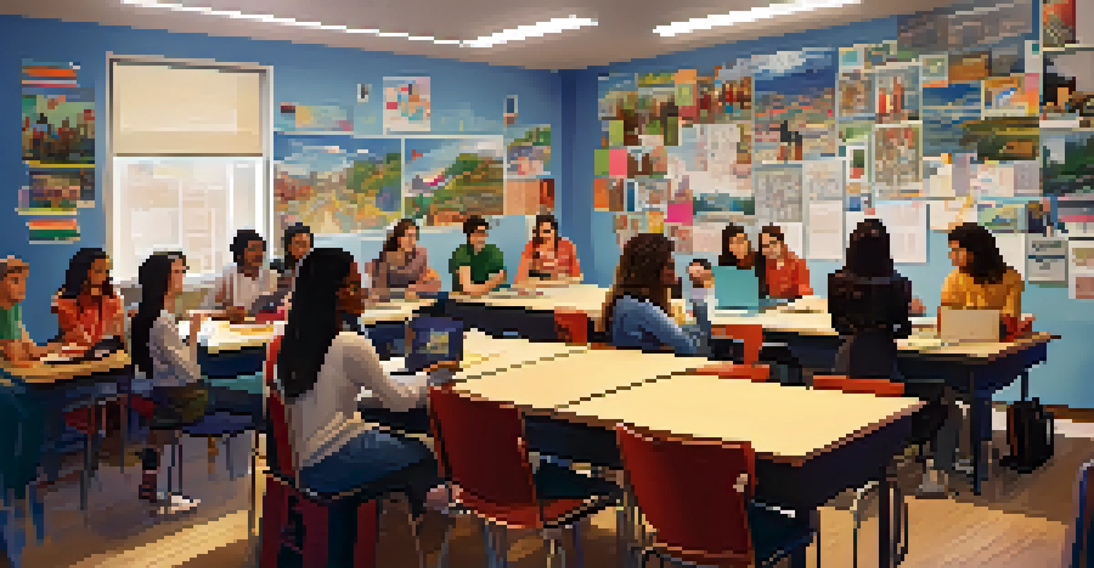 A diverse group of students in a bright room, collaborating during a club meeting with posters on the walls and laptops on the table.