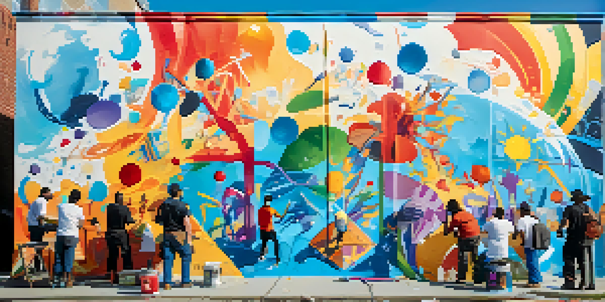 A group of diverse individuals working together on a vibrant community mural, surrounded by colorful paint and tools under a bright blue sky.