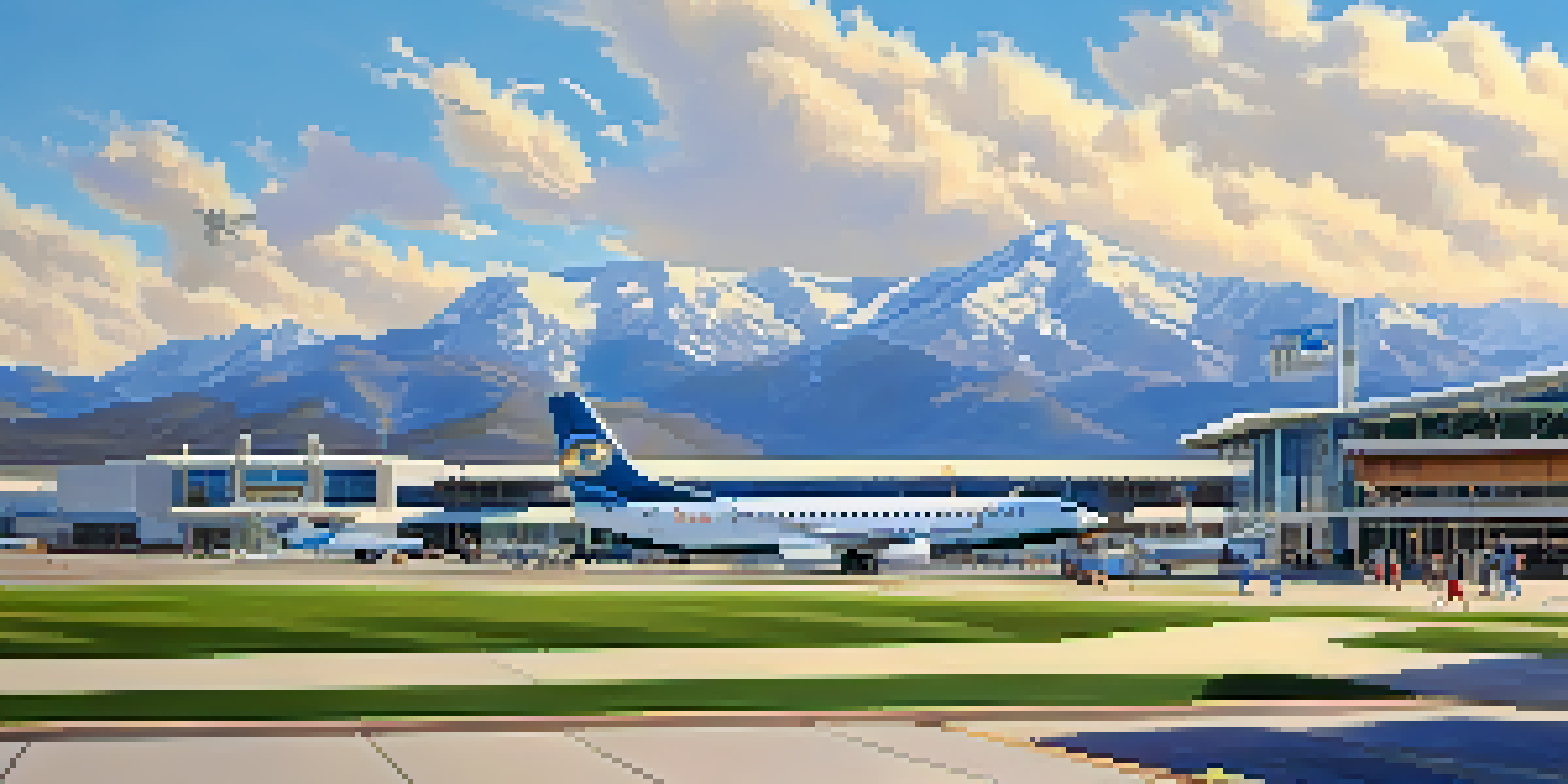A picturesque landscape of Colorado Springs Airport set against a backdrop of mountains and a clear sky, with travelers approaching the terminal.