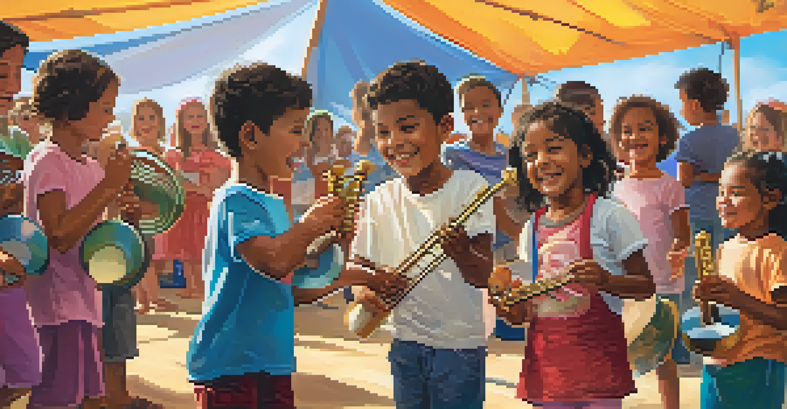 Children happily playing musical instruments at a festival workshop with a smiling instructor in a colorful tent.