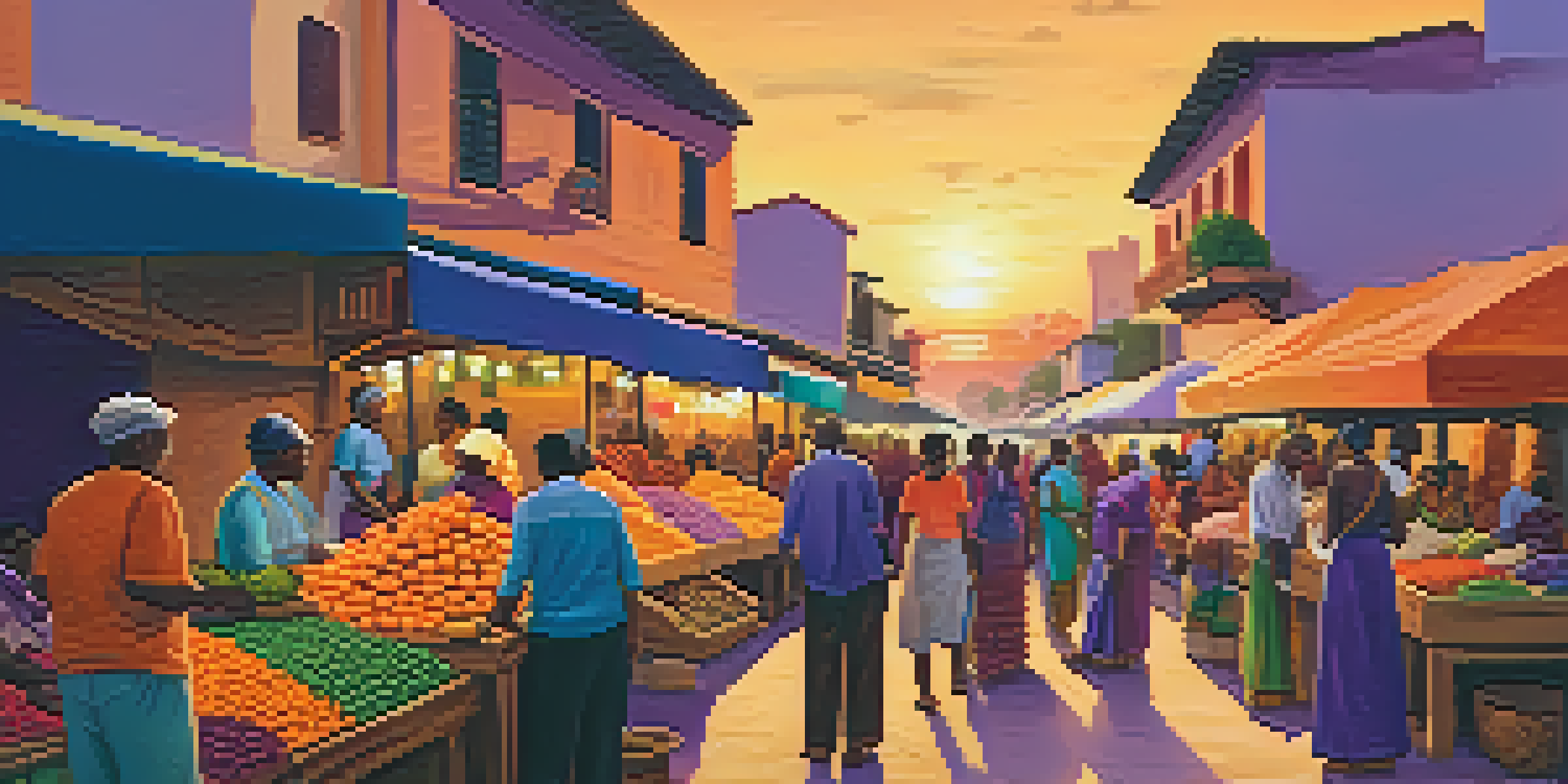 A community market at sunset with local artisans selling colorful crafts and produce, surrounded by smiling visitors.