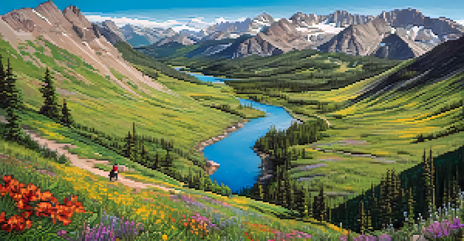 An aerial view of a hiking trail in Colorado surrounded by wildflowers and mountains.