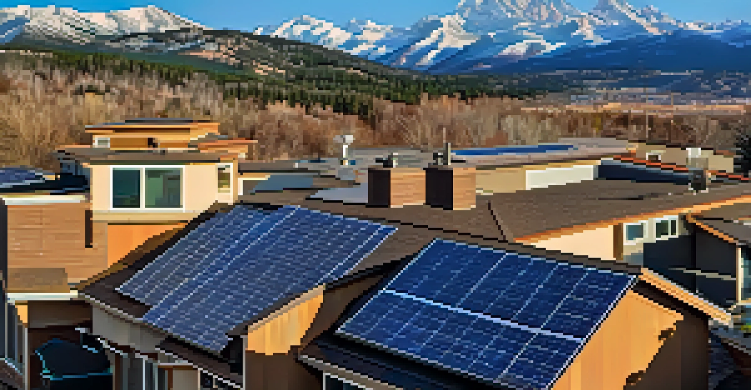 A close-up of a solar panel on a roof with the Rocky Mountains in the background under bright sunlight.