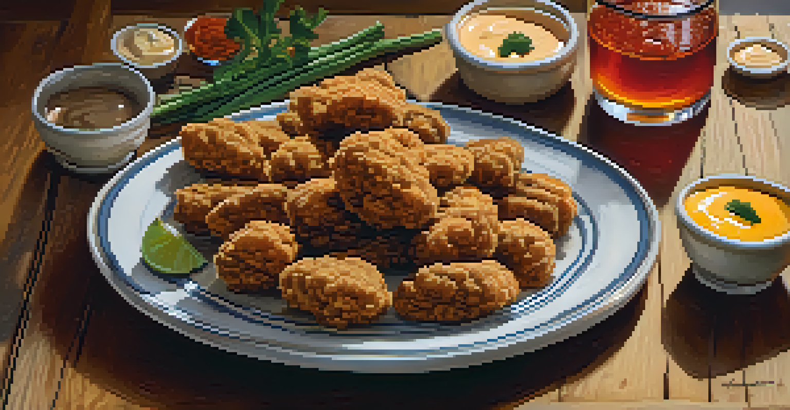 A plate of deep-fried Rocky Mountain oysters with cocktail sauce and spicy aioli on a wooden table.