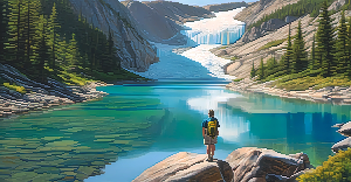 A hiker stands in front of St. Mary's Glacier, gazing at blue pools of water and green forests under golden sunlight.