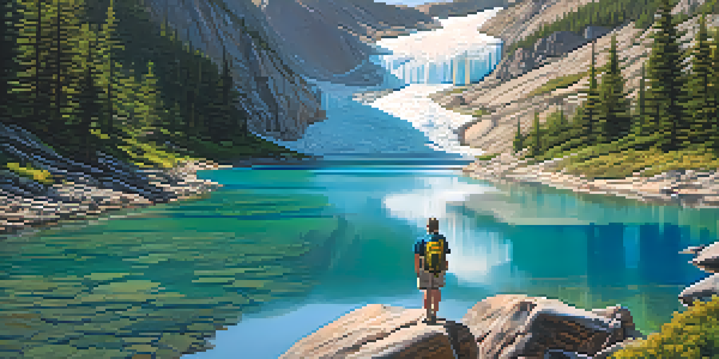 A hiker stands in front of St. Mary's Glacier, gazing at blue pools of water and green forests under golden sunlight.