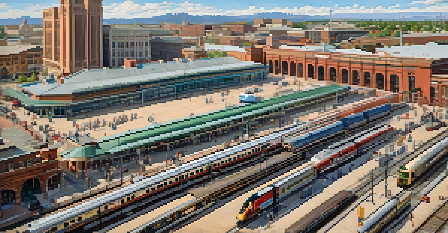 Aerial view of a bustling railway station in Denver, with modern trains and historical architecture, filled with passengers.