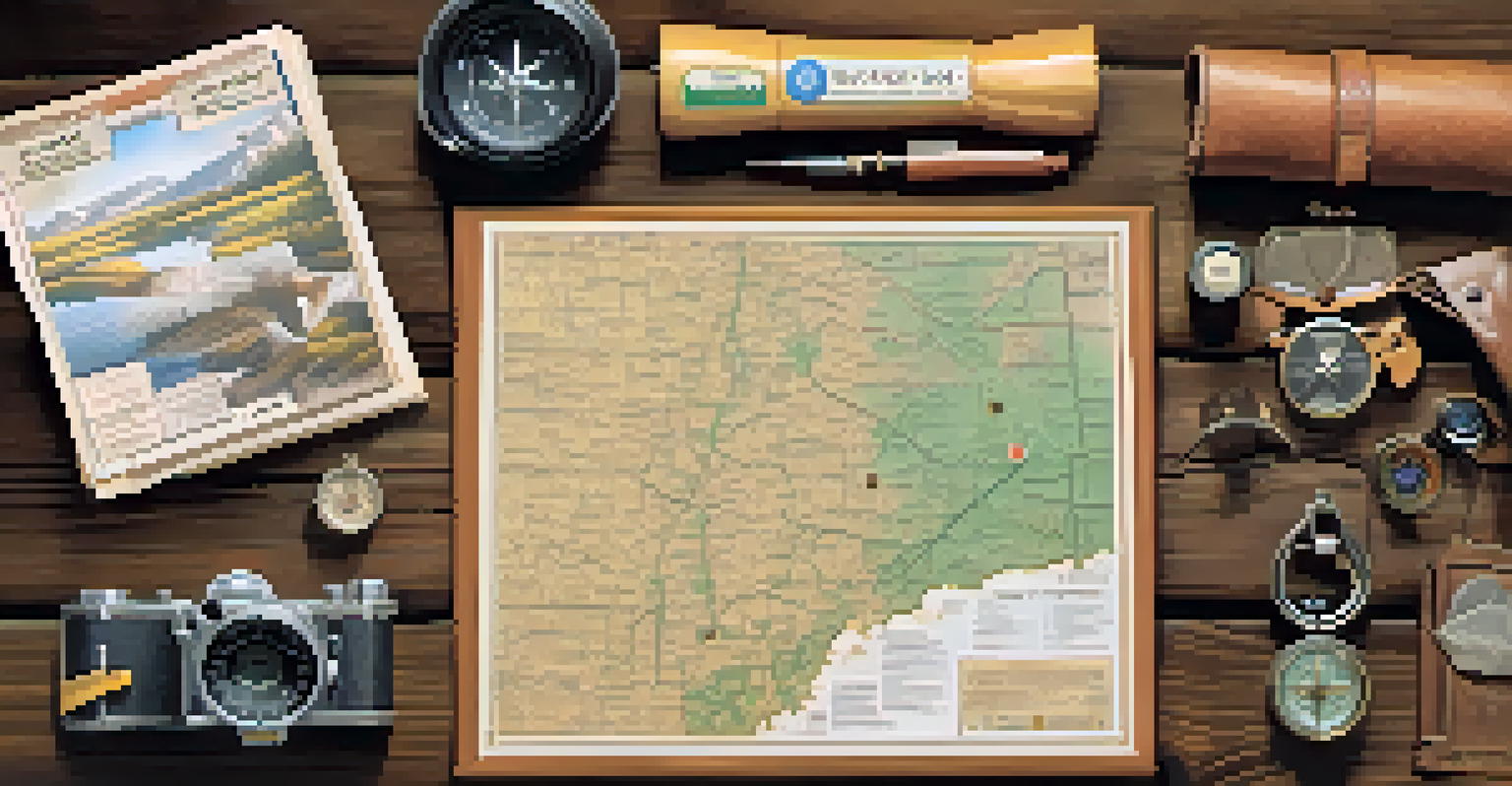 A close-up of hunting licenses and permits on a wooden table, surrounded by a compass and binoculars in a natural setting.