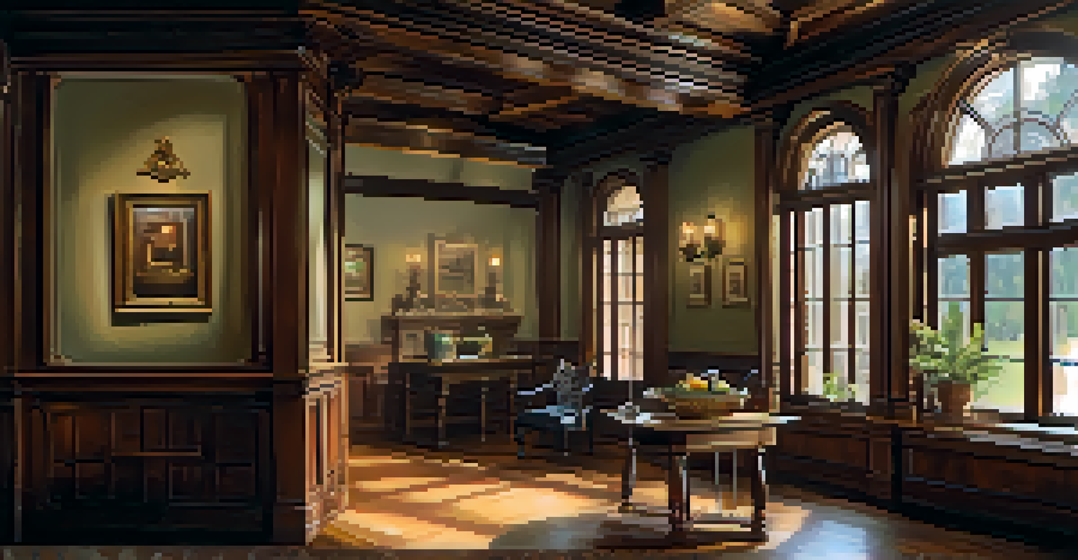 The interior of a restored historic building with ornate woodwork and vintage furnishings, bathed in warm lighting.