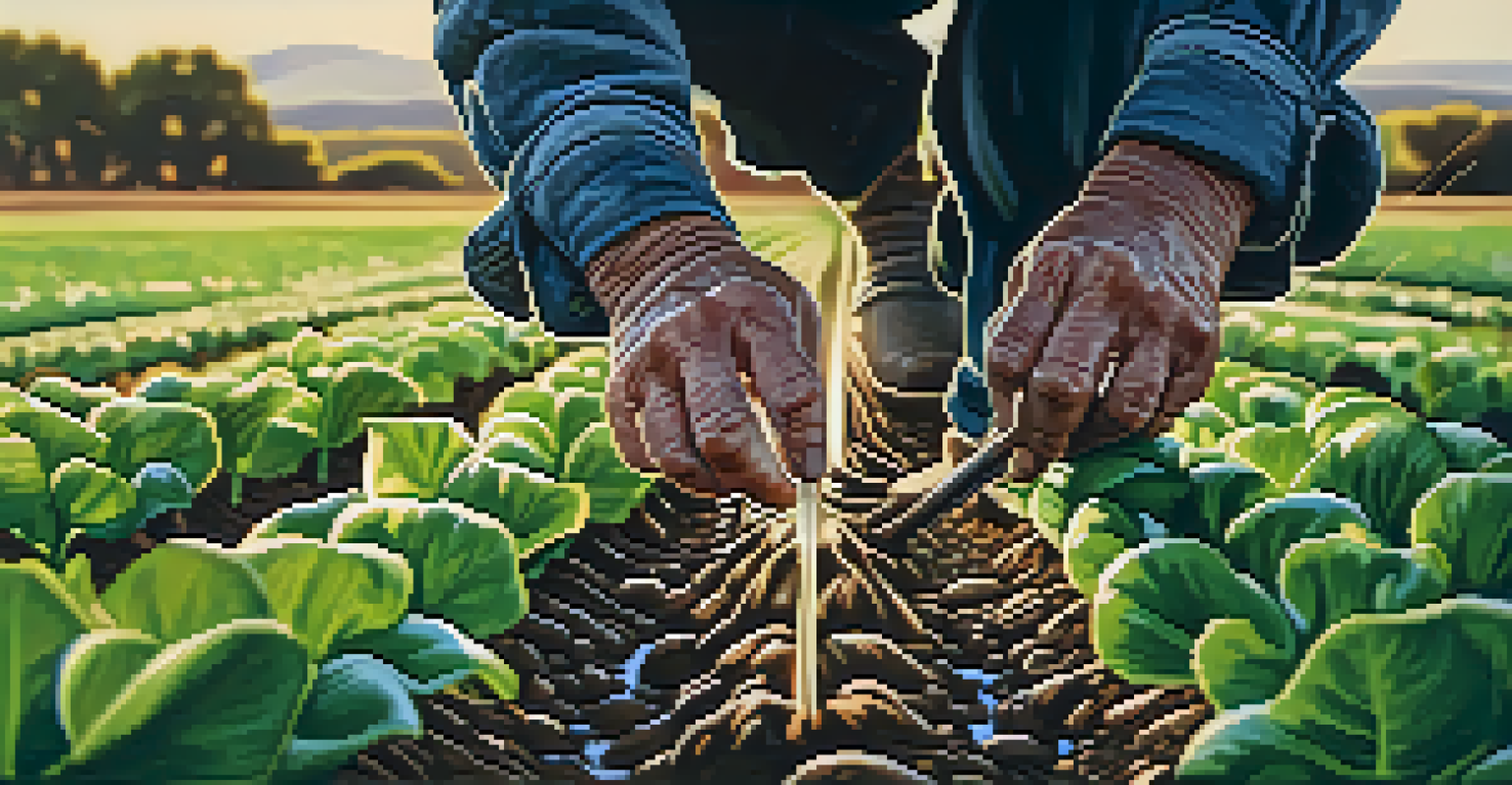 A close-up of a farmer's hands adjusting a drip irrigation system in a lush crop field, with water droplets visible on the plants.