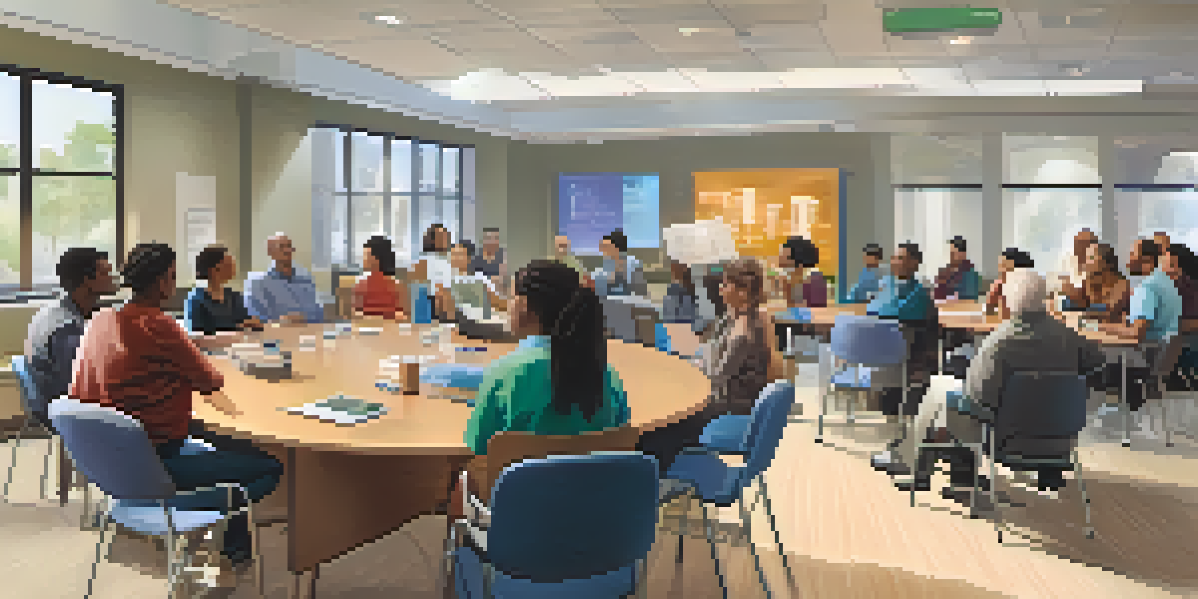 A community forum in a healthcare center with diverse individuals discussing accessibility needs around a round table.