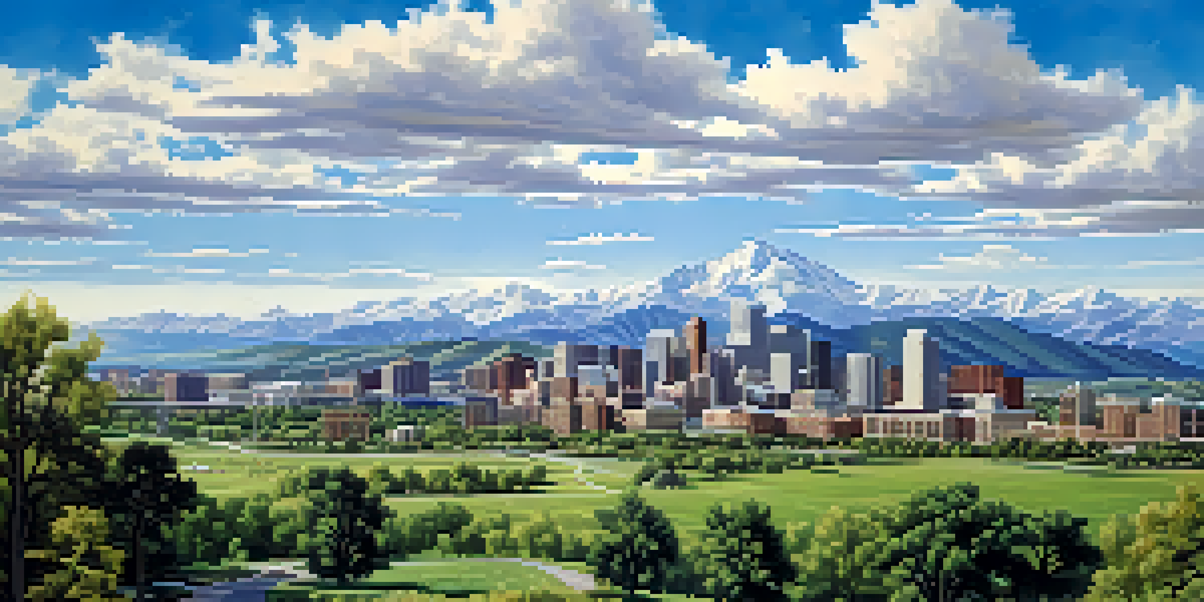 A picturesque Colorado landscape showing a modern city skyline alongside green parks and the Rocky Mountains in the distance, with a clear blue sky.
