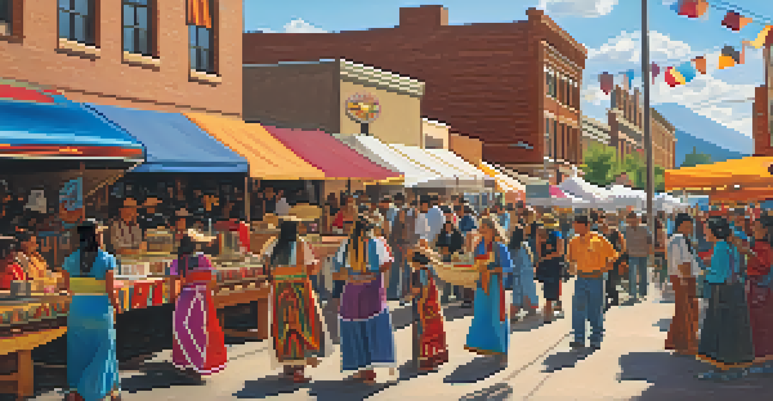 A lively Native American cultural festival in Colorado, with colorful booths, crafts, and people enjoying music and dance performances.