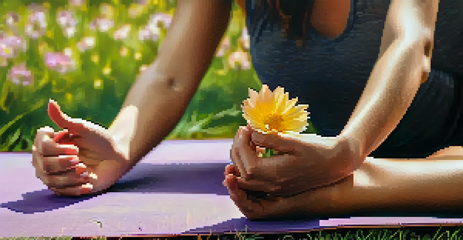 Close-up of hands in a yoga pose on a colorful mat, surrounded by grass and wildflowers in a sunny outdoor setting.