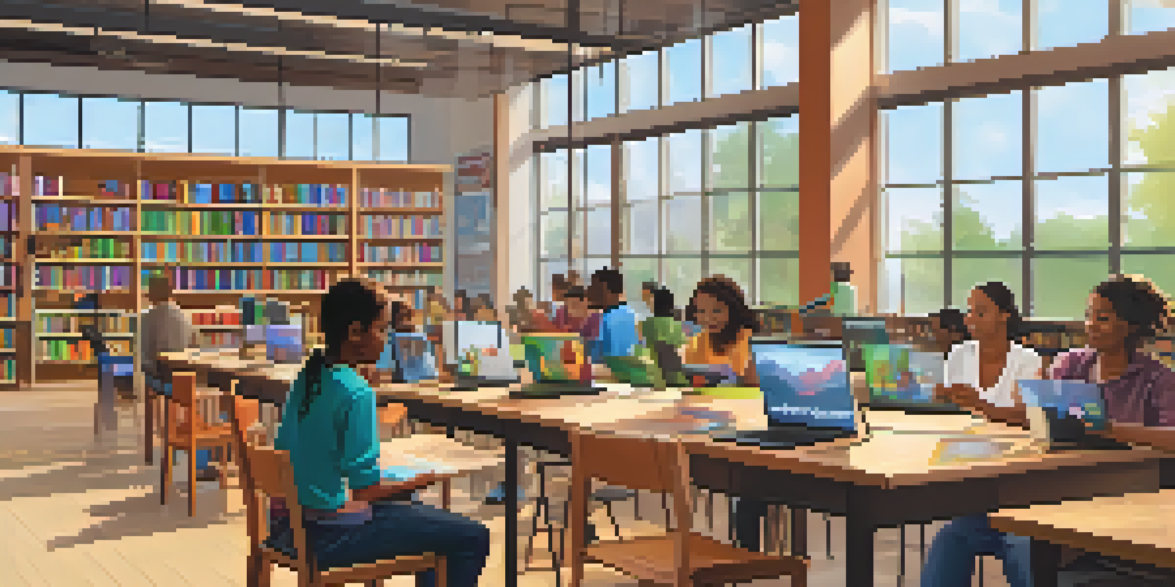 A lively library setting where individuals from various backgrounds are participating in digital literacy classes, surrounded by computers and books.