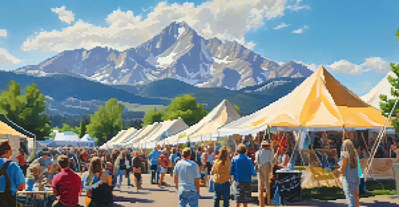 An outdoor art festival in Boulder with local artists and the Rocky Mountains in the background.