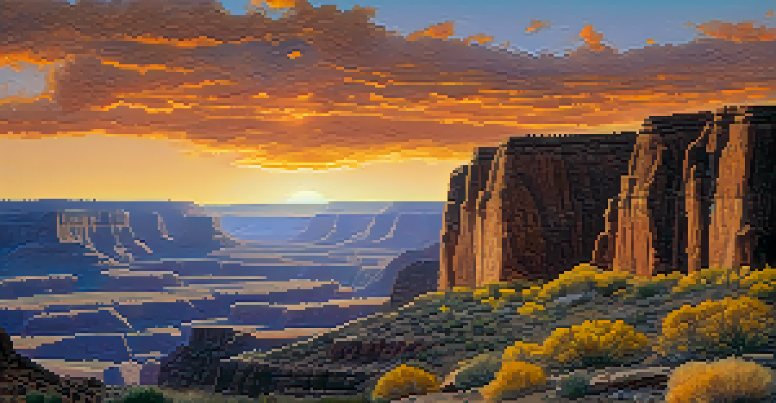 Wide view of a Colorado canyon with Ute petroglyphs on rock walls, illuminated by golden hour light with colorful sky.