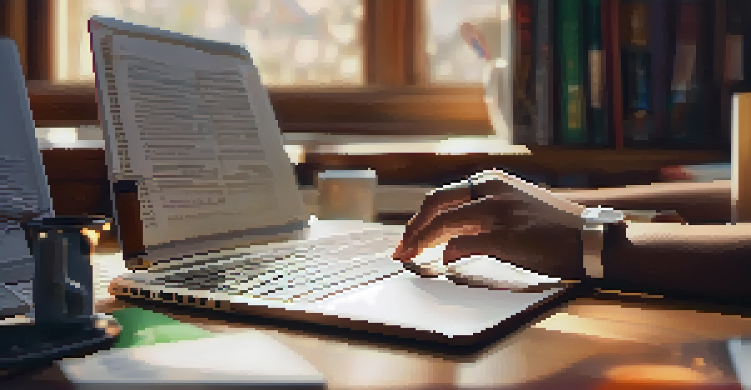 Close-up of a student's hands typing on a laptop, surrounded by study materials, reflecting a focused study environment.