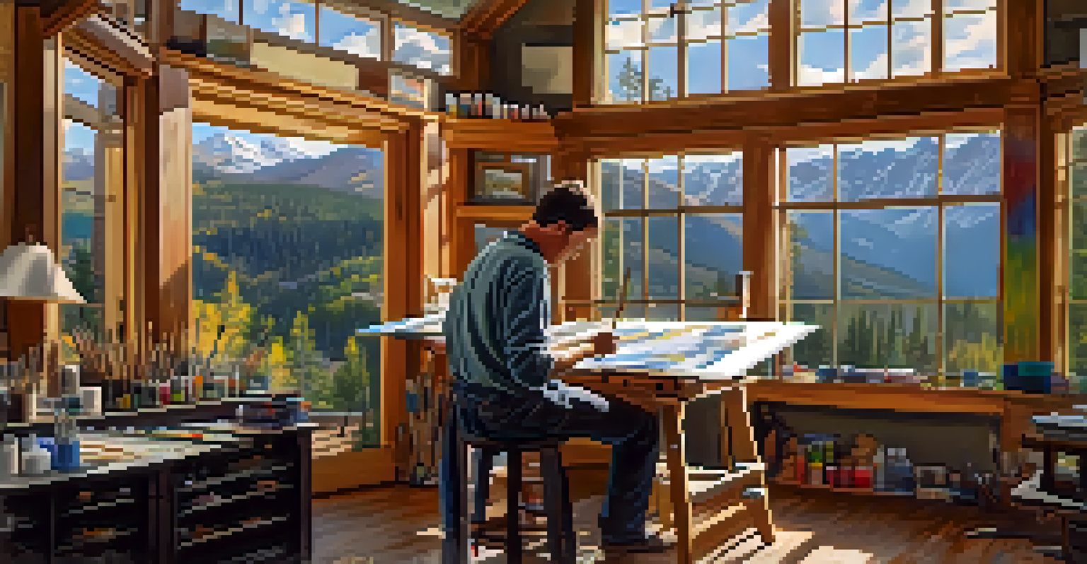 An artist working in a bright studio with large windows and landscapes of Colorado.