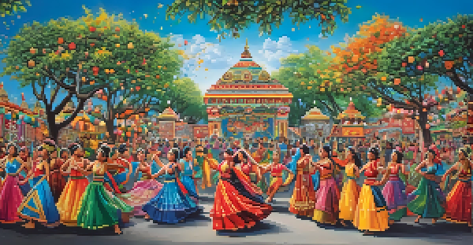 A colorful mural showing dancers in traditional costumes at a cultural festival, with bright decorations and a clear sky.