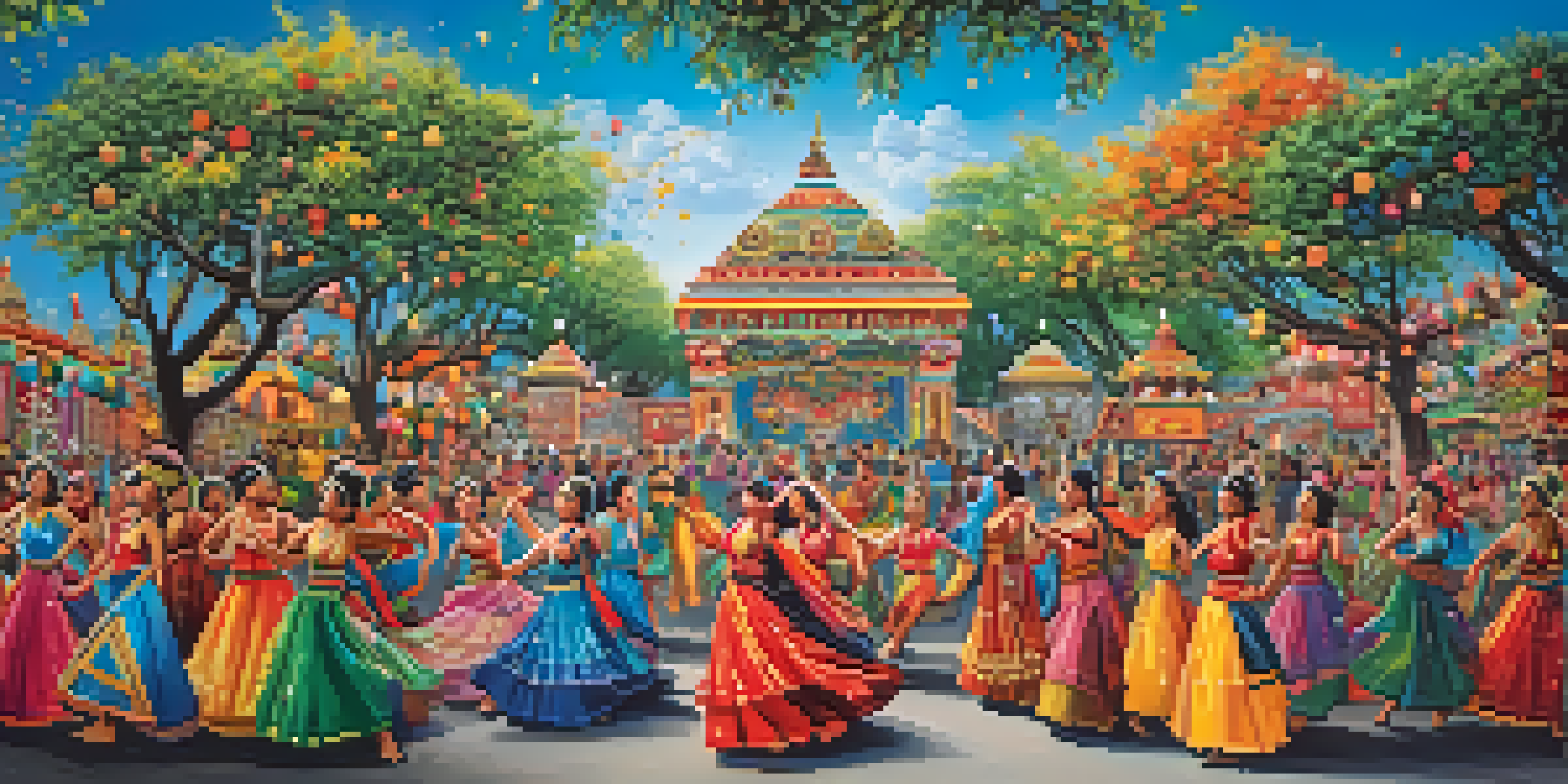 A colorful mural showing dancers in traditional costumes at a cultural festival, with bright decorations and a clear sky.