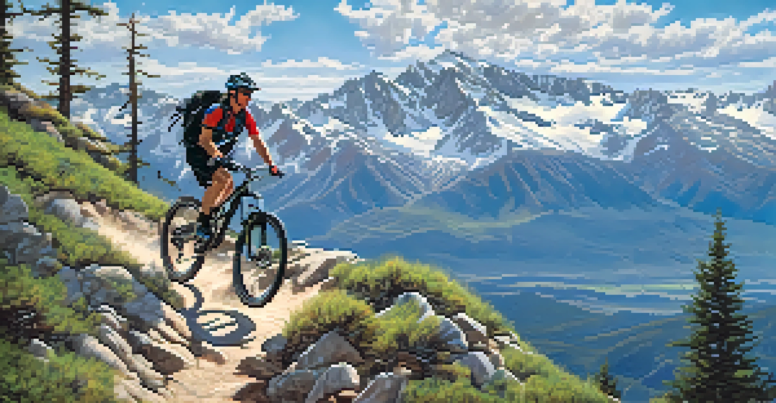 A mountain biker descending a rocky trail on the Monarch Crest Trail, with snow-capped peaks and green valleys in the background under a bright blue sky.