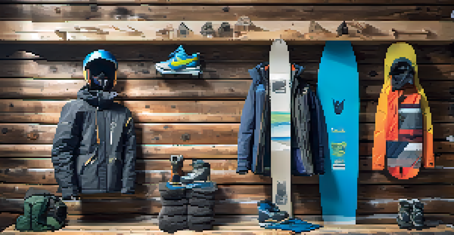 An eco-friendly display of winter sports gear made from recycled materials in a snowy cabin setting.