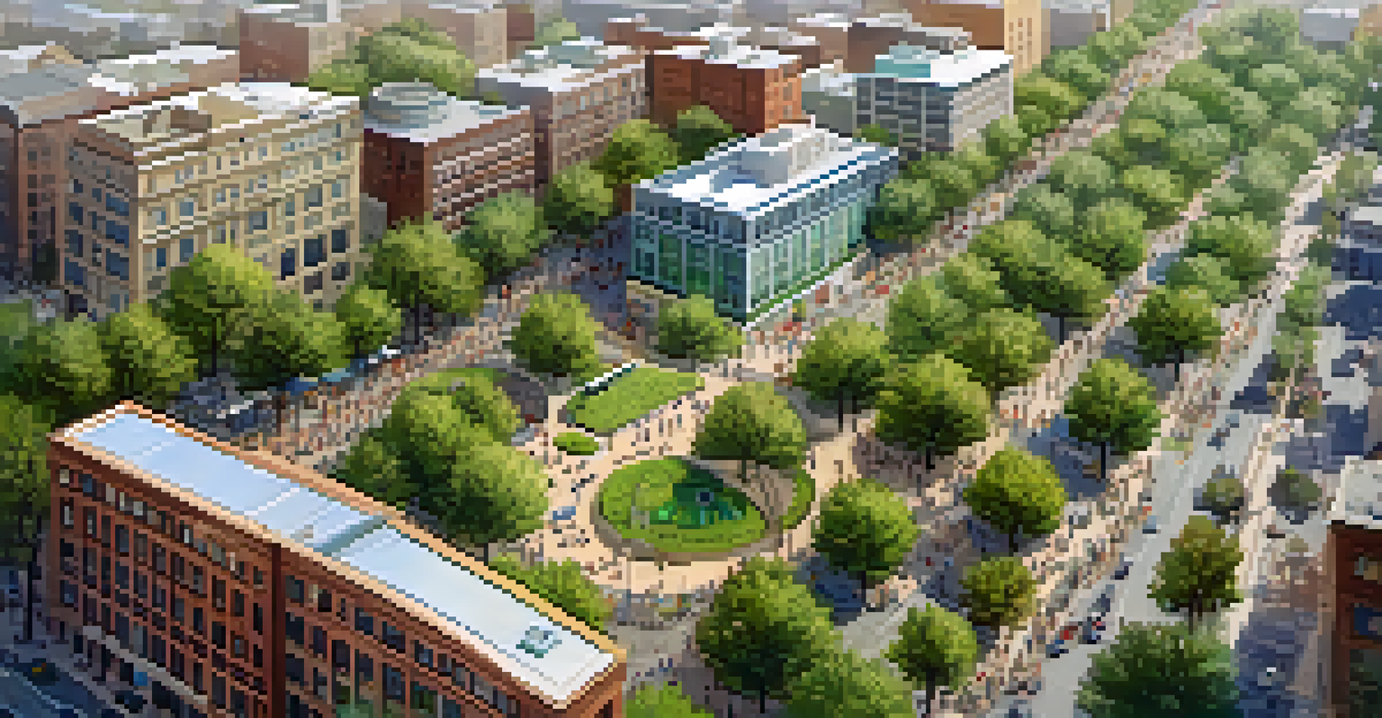 An aerial view of a vibrant Colorado city featuring energy-efficient buildings and renewable energy-powered public transport amid green spaces.