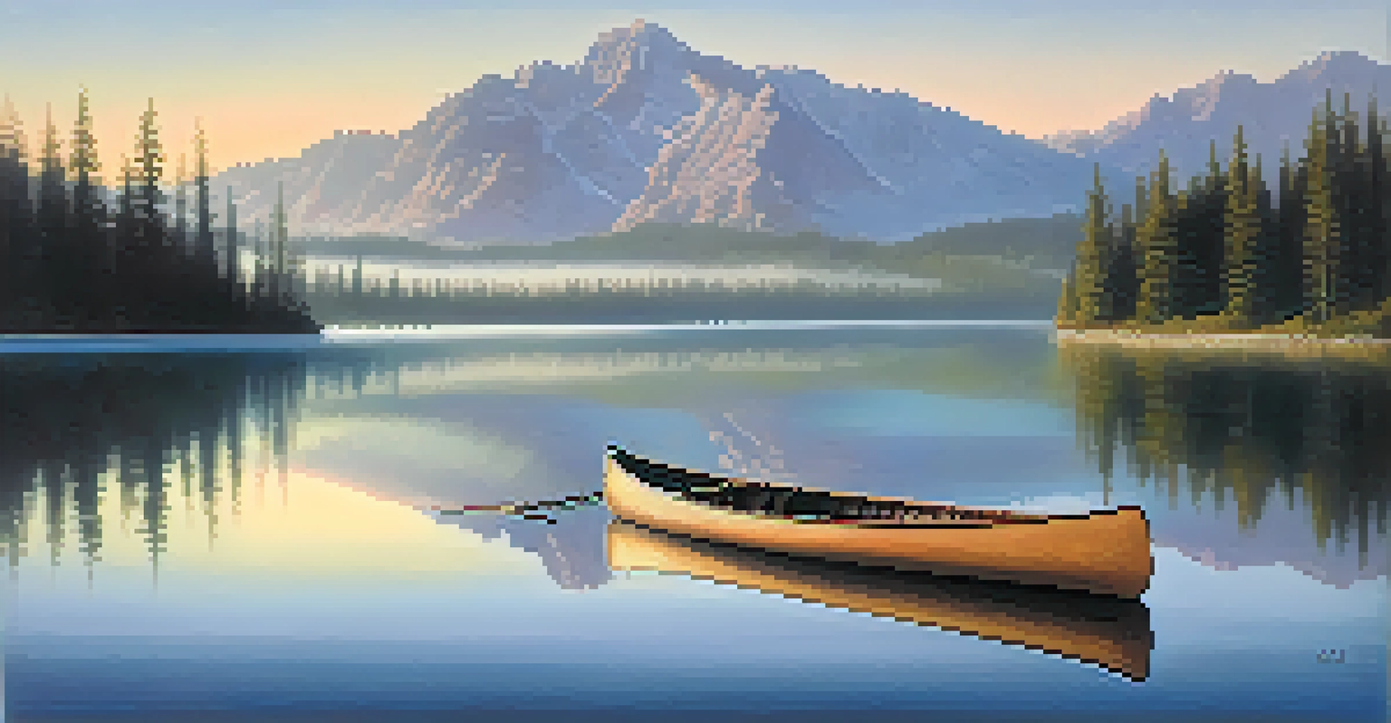 A tranquil mountain lake at sunrise, with mist and a canoe on the water.