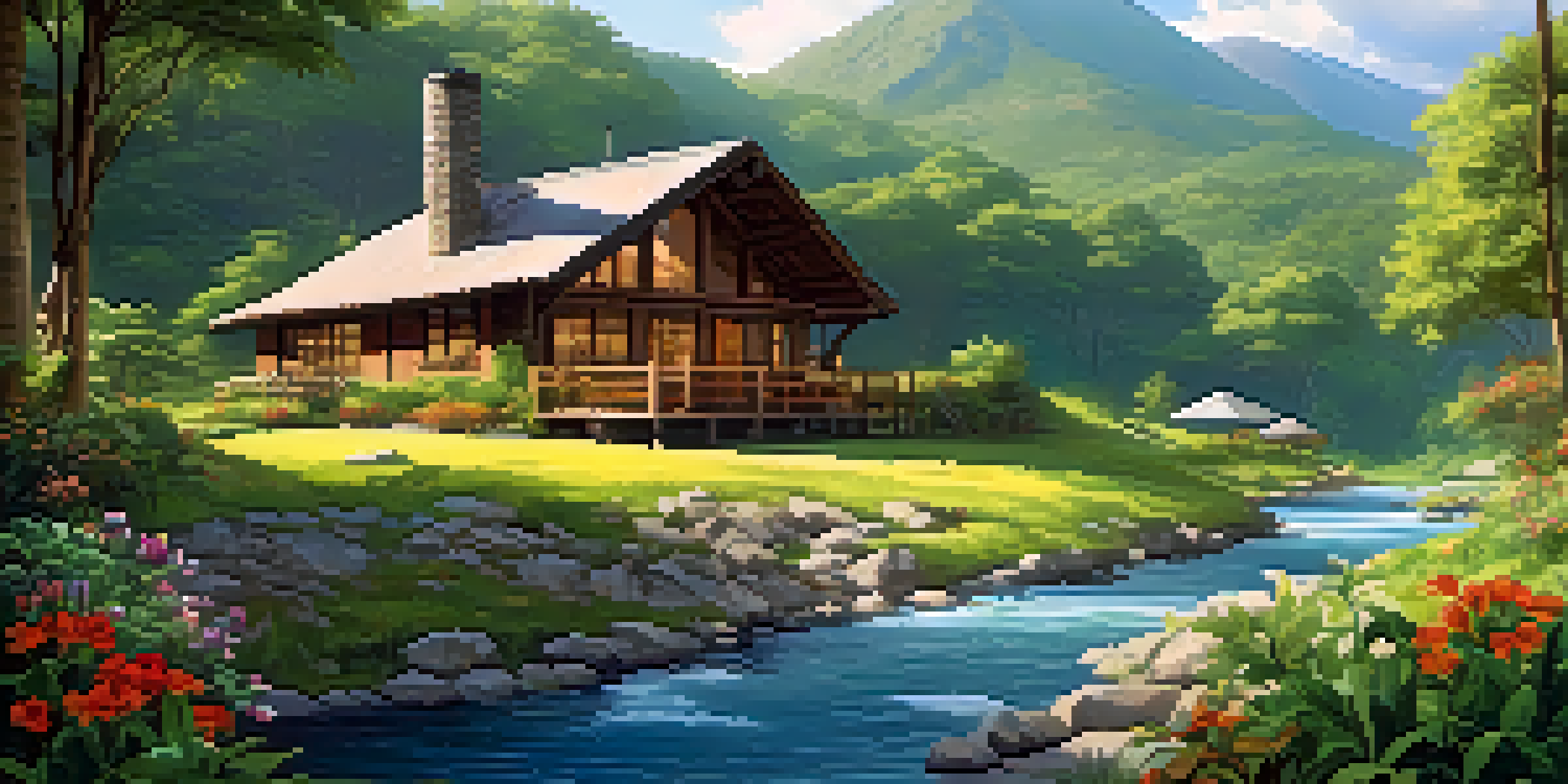A peaceful eco-tourism lodge nestled in nature, surrounded by greenery and wildlife, with colorful flowers and a stream in the foreground.