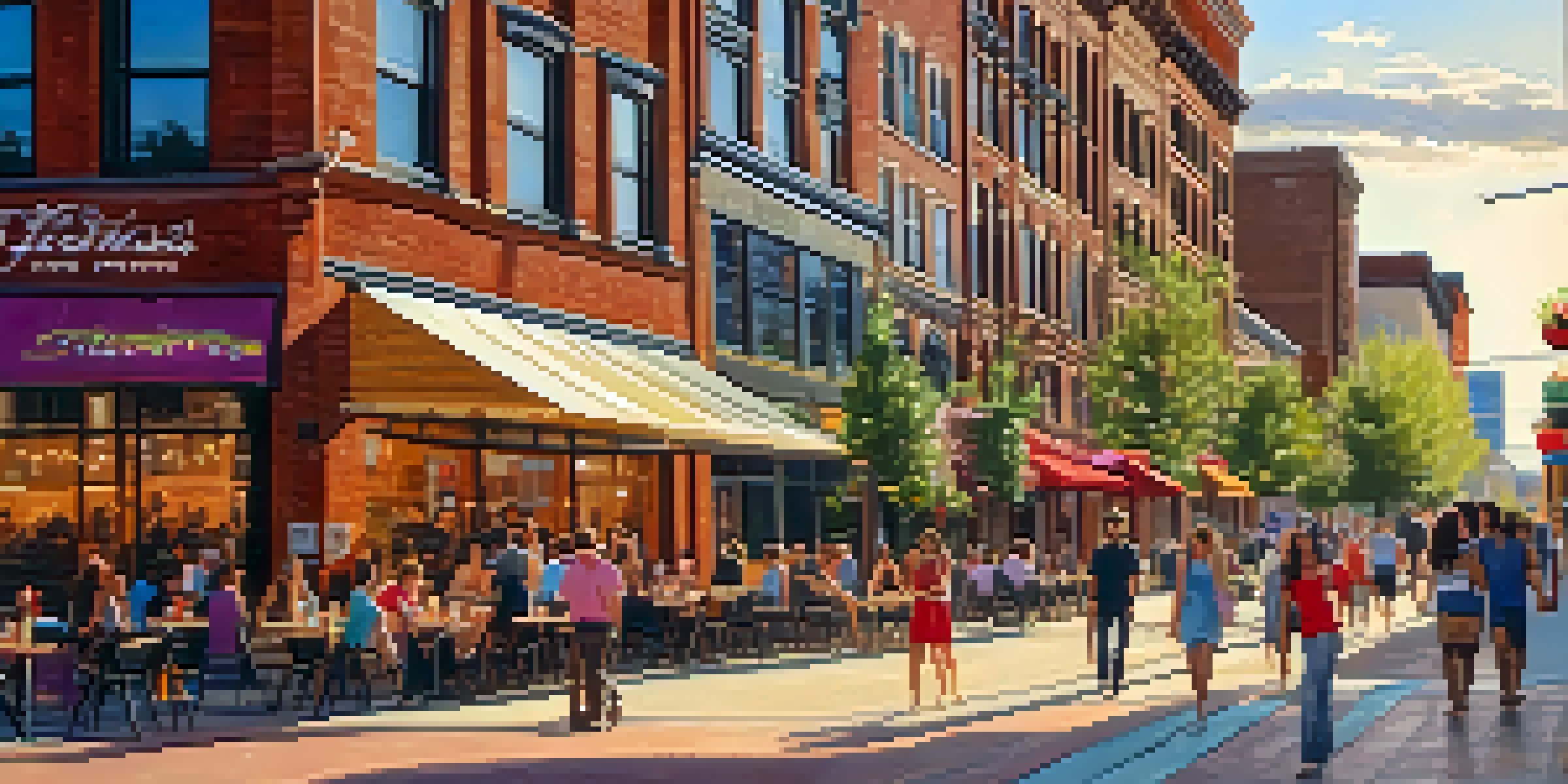 A bustling downtown street in Denver's LoDo district, featuring a mix of historic buildings and modern cafes, with people enjoying the outdoor spaces during sunset.