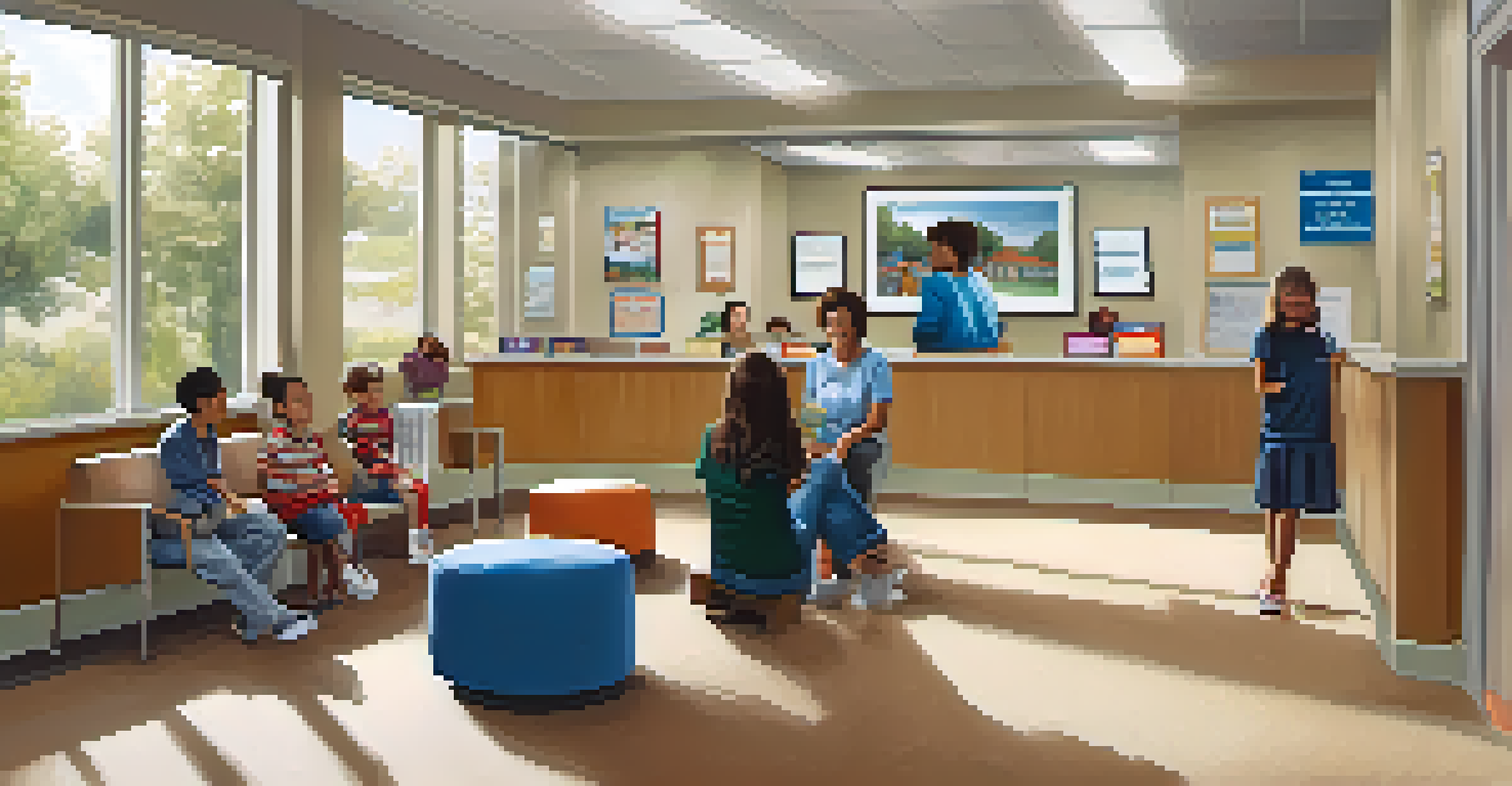 A bright and welcoming waiting room in a community health center with families and a receptionist.