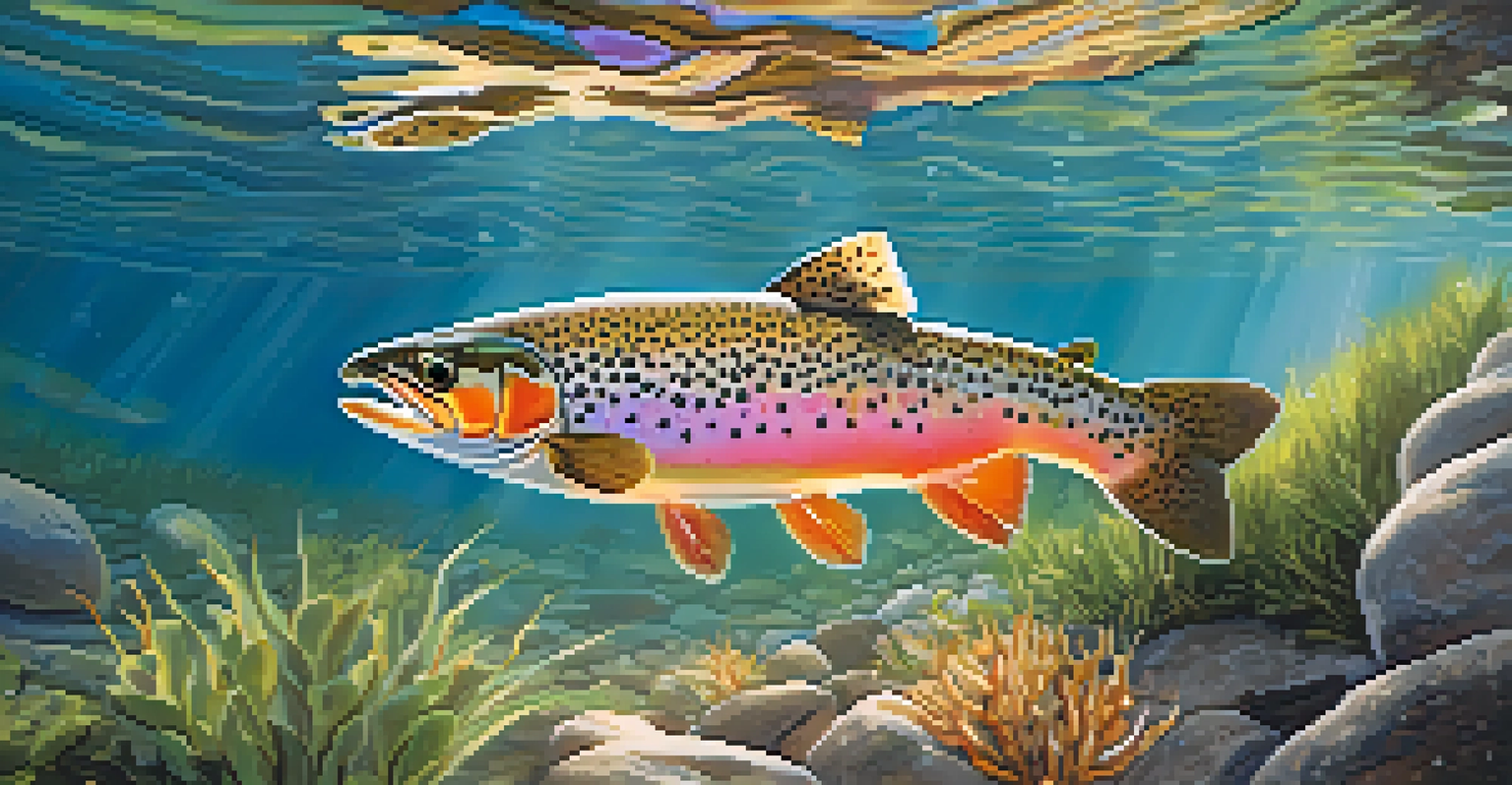 Close-up of a Colorado River cutthroat trout swimming in a clear stream with native plants and sunlight filtering through the water.