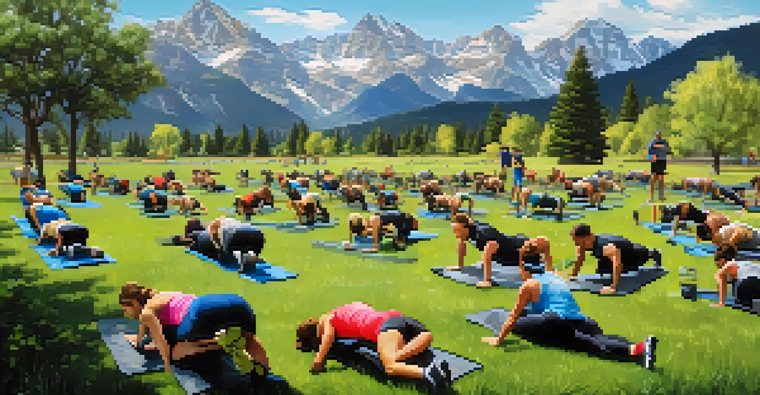 Participants of a boot camp workout in a grassy field in Colorado, with mountains in the background, engaging in various exercises.