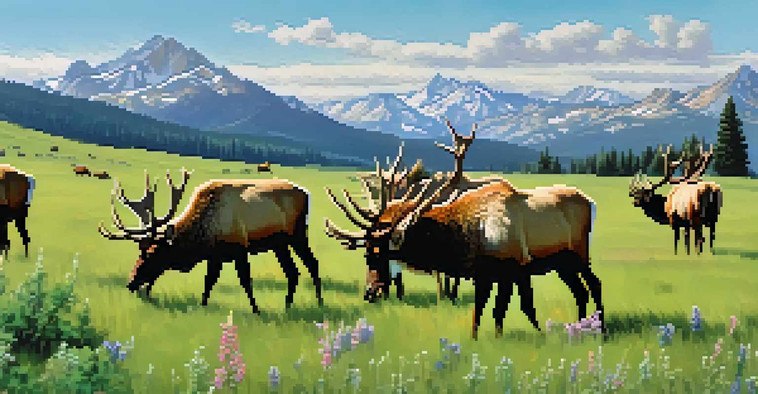 Nature enthusiasts watching a herd of elk grazing in a meadow, surrounded by wildflowers and mountains in the background.
