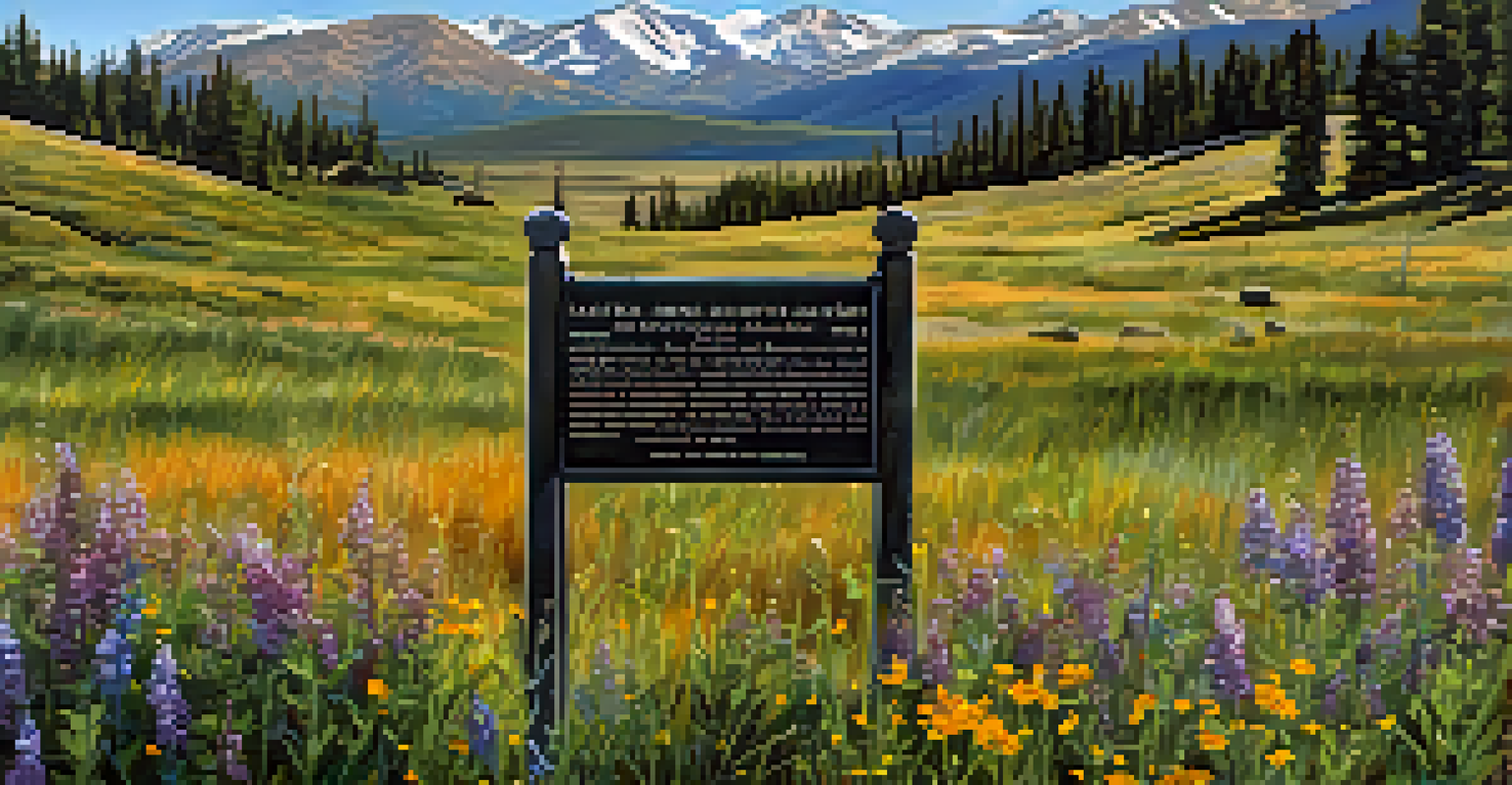 Close-up of a historical marker in Leadville, Colorado, surrounded by wildflowers and mountains.