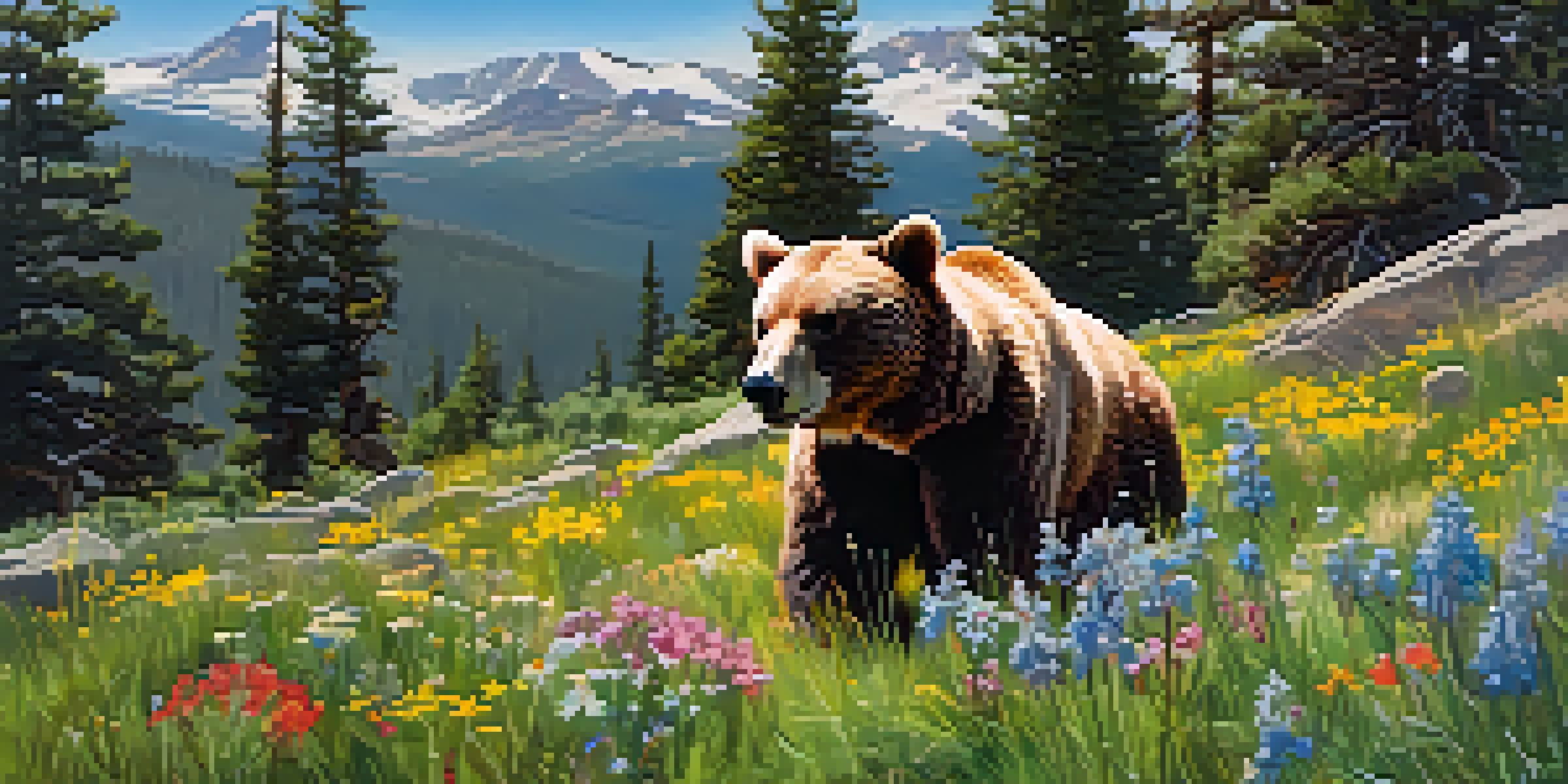 A spring scene in Rocky Mountain National Park with a bear and deer surrounded by blooming wildflowers and bright sunlight.