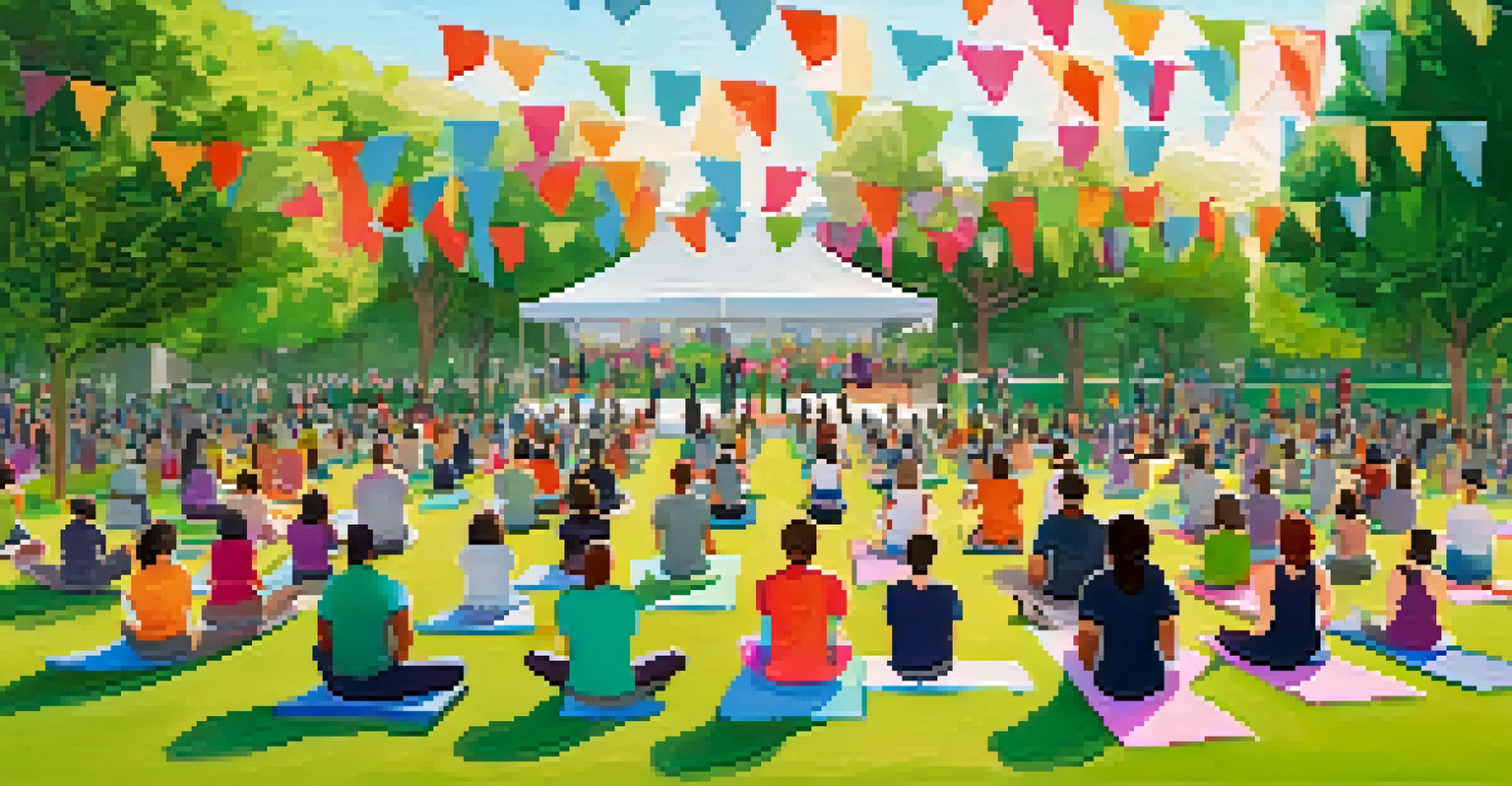 A community mental health awareness event in a park, featuring diverse individuals practicing yoga and meditation under colorful banners.