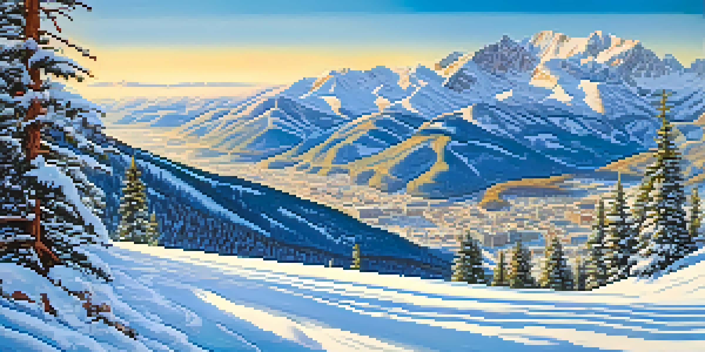 A panoramic view of the snowy Colorado Rockies with a busy ski resort in the foreground.