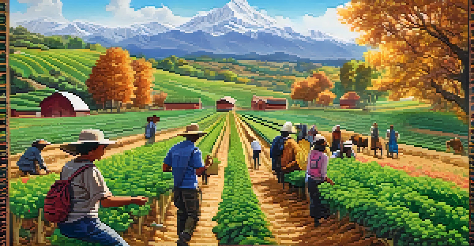 Travelers participating in a sustainable farming tour, working in a colorful farm landscape with mountains in the background.