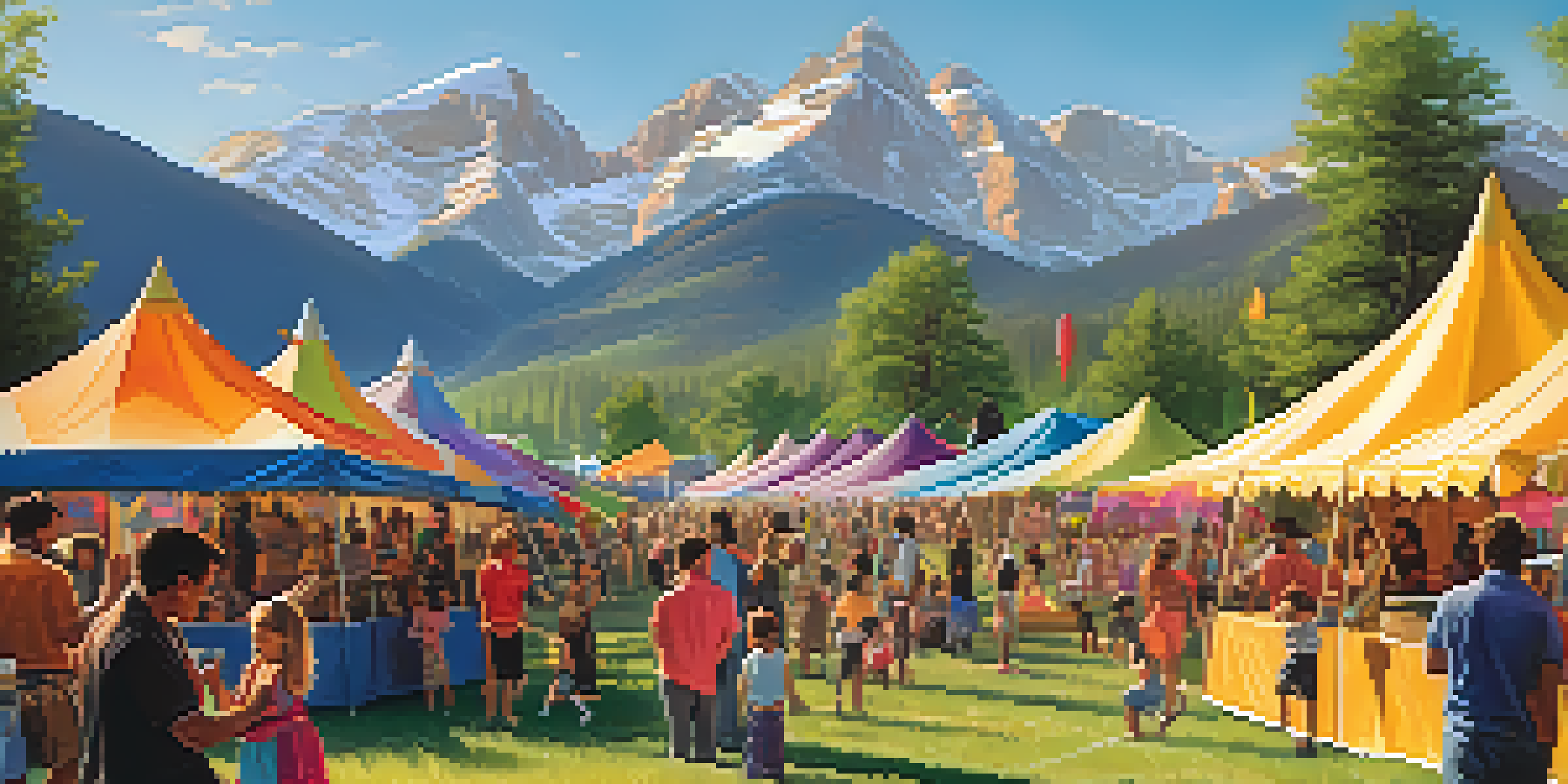 A lively family music festival in the Rocky Mountains with families enjoying music, children doing crafts, and colorful tents.