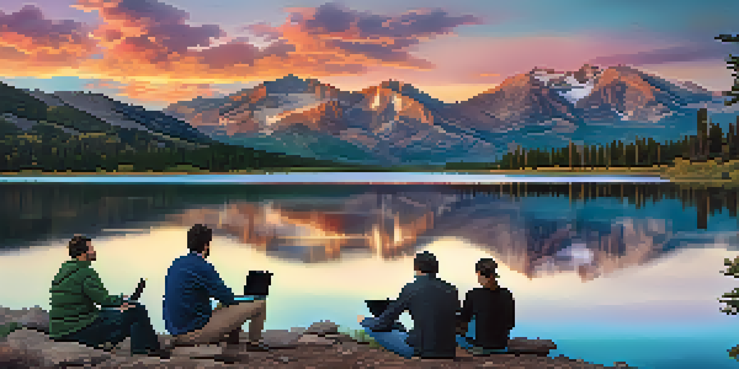 A scenic view of the Rocky Mountains at sunset with professionals discussing technology tools by a lake.