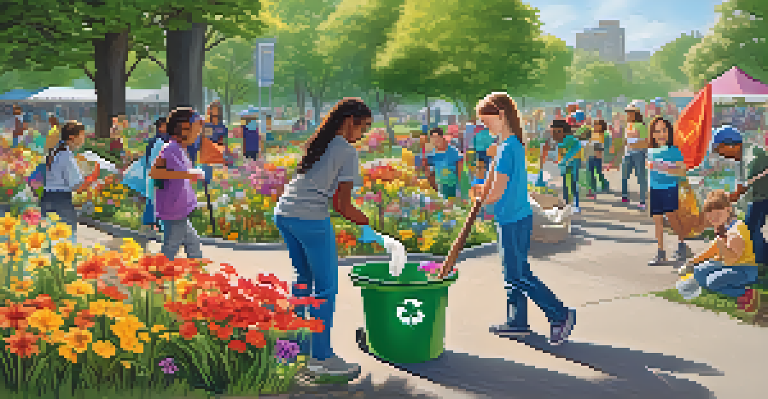 Volunteers of various ages participating in a clean-up event in a park, surrounded by nature and colorful banners.