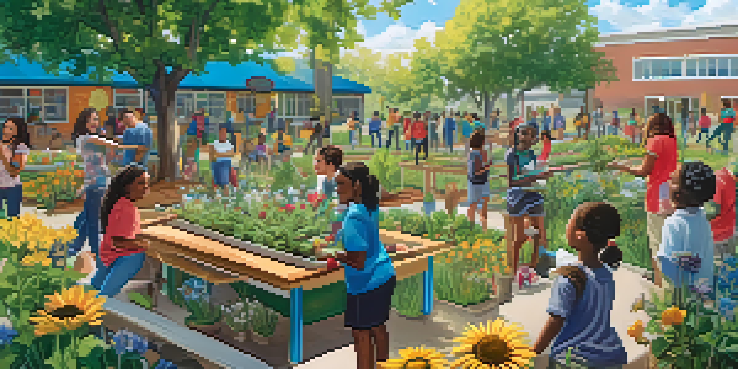 A diverse group of students working together with volunteers in a school garden on a sunny day, surrounded by blooming flowers and colorful murals.